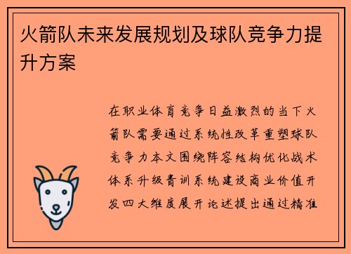 火箭队未来发展规划及球队竞争力提升方案